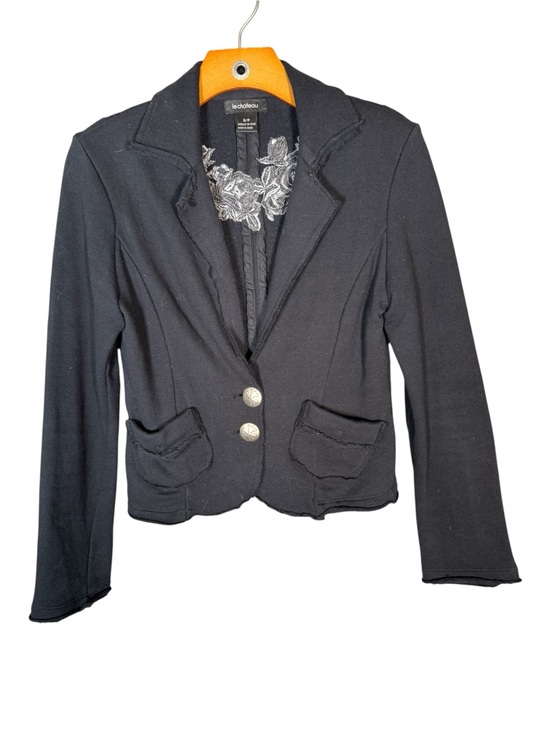 Vintage Jackets & Blazers - Y2K Le Chateau Black French Terry Blazer Jacket Embroidered Whimsigoth Cotton S